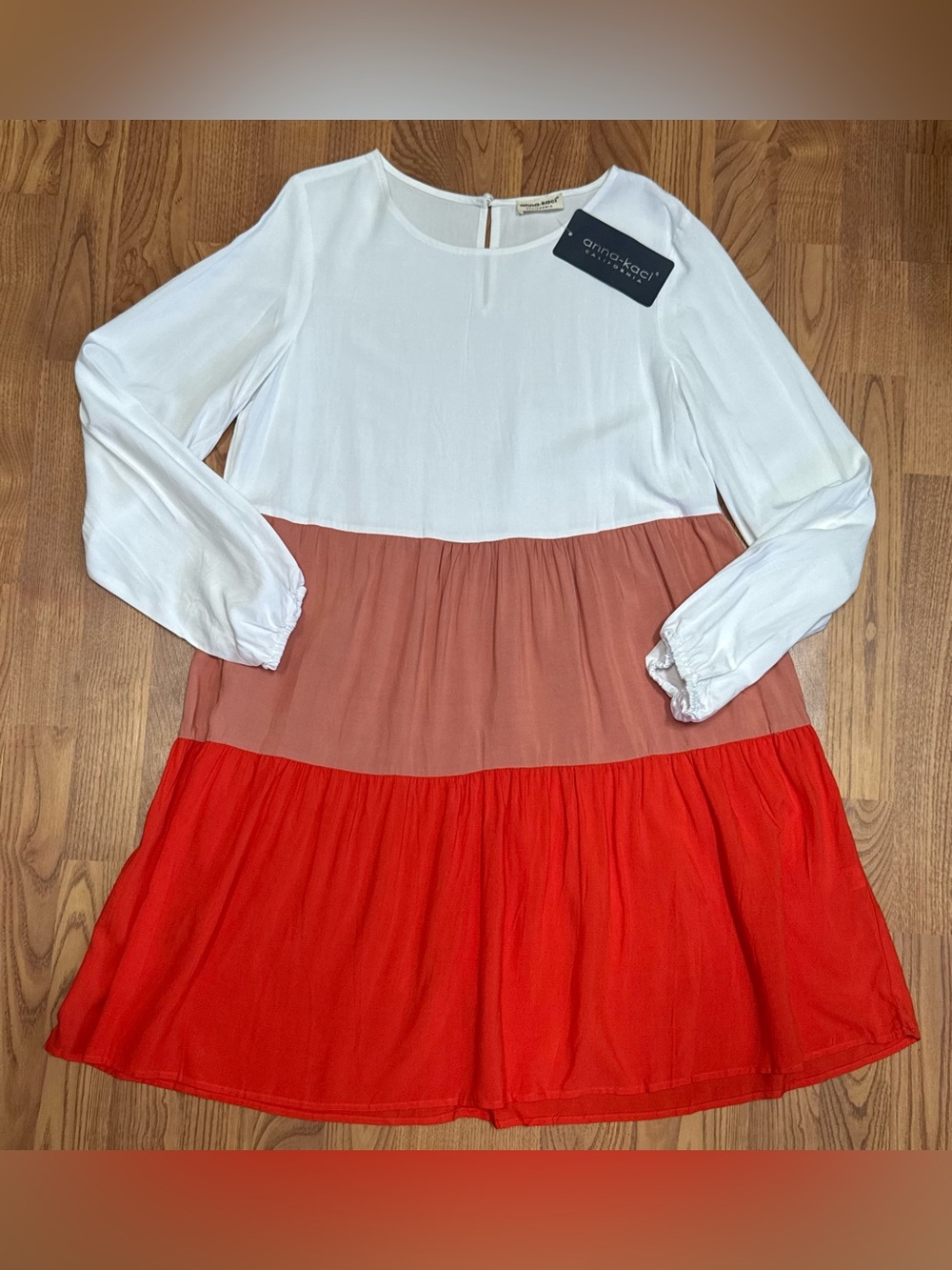 ❤️ NWT XL White Rust Orange Colorblock Long-Sleeve Fall Swing Dress (B18)